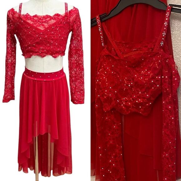 Kelle dance costume solo costume 2 piece red skirt lace crop top LC child Teen - Picture 2 of 16